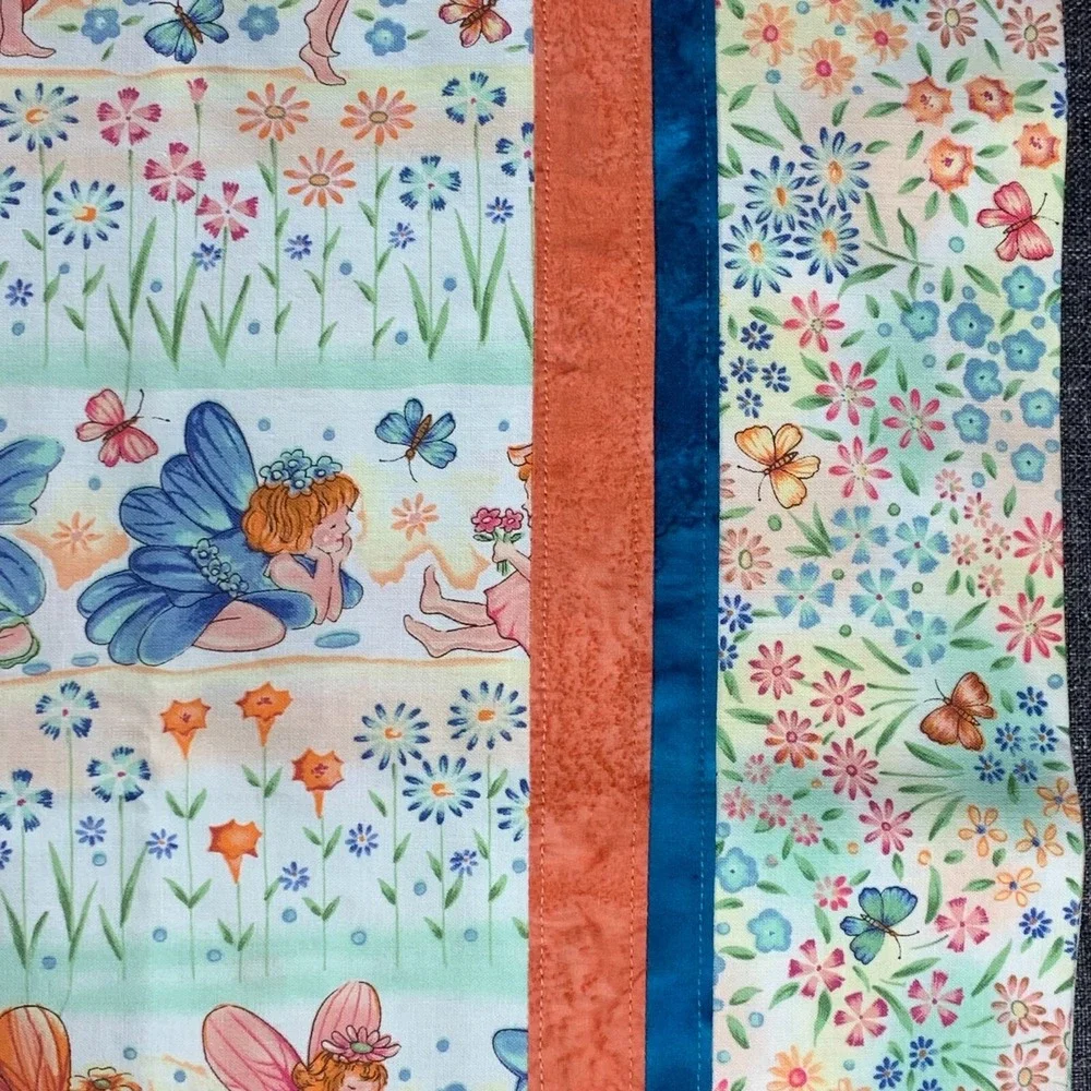 One Homemade Whimsical Floral Fairy Pillowcase Orange Blue Trim Standard/Queen
